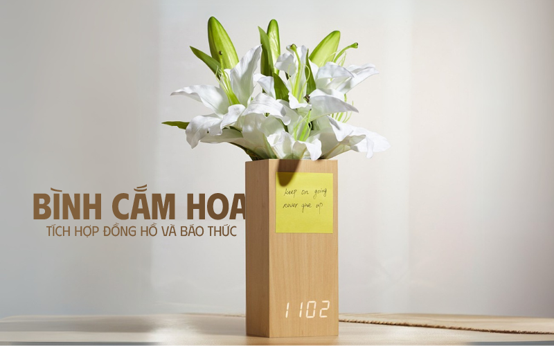 bình cắm hoa trang trí tích hợp đồng hồ báo thức