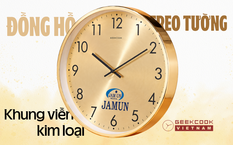 đồng hồ treo tường khung viền kim loại in logo jamun