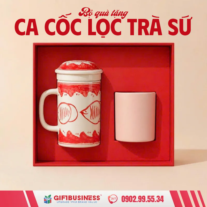 bộ quà tặng ca cốc lọc trà sứ