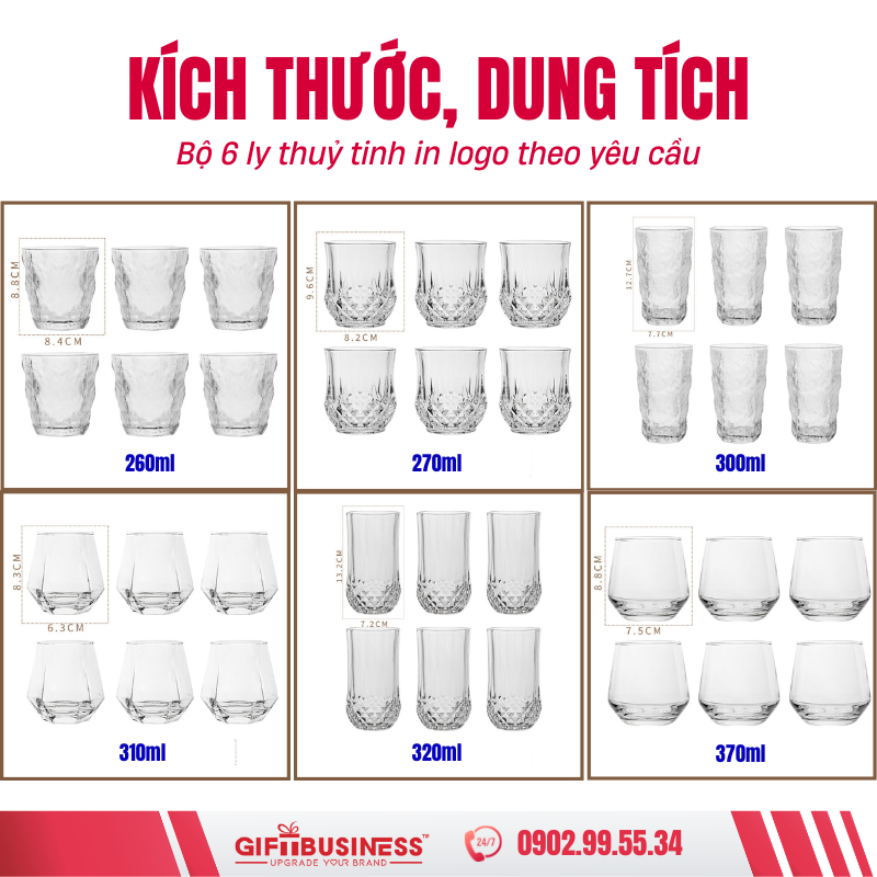 kích thước, dung tích bộ ly thuỷ tinh 6 chiếc quà tặng