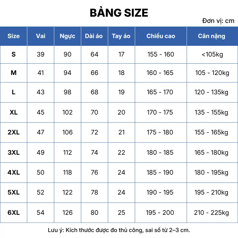 bảng size áo polo đồng phục gb09