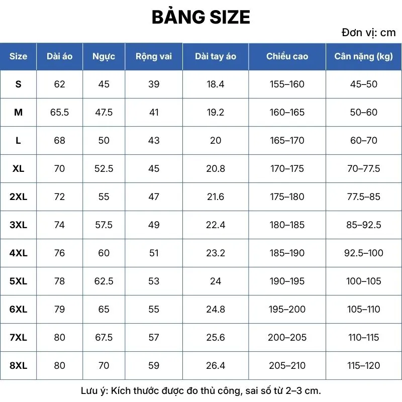 bảng size áo đồng phục gb11