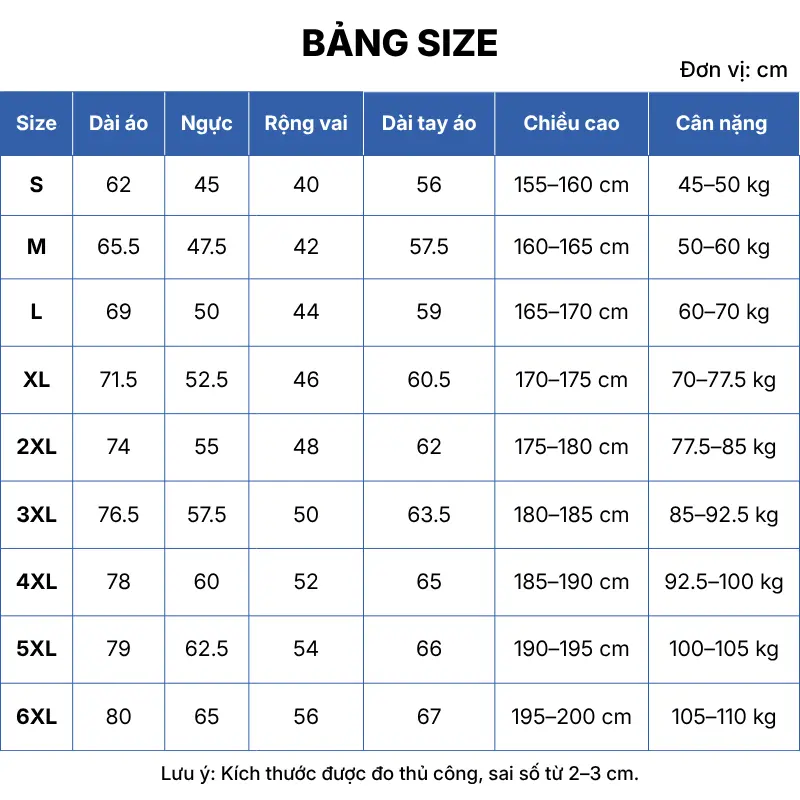 bảng size áo polo đồng phục tay dài