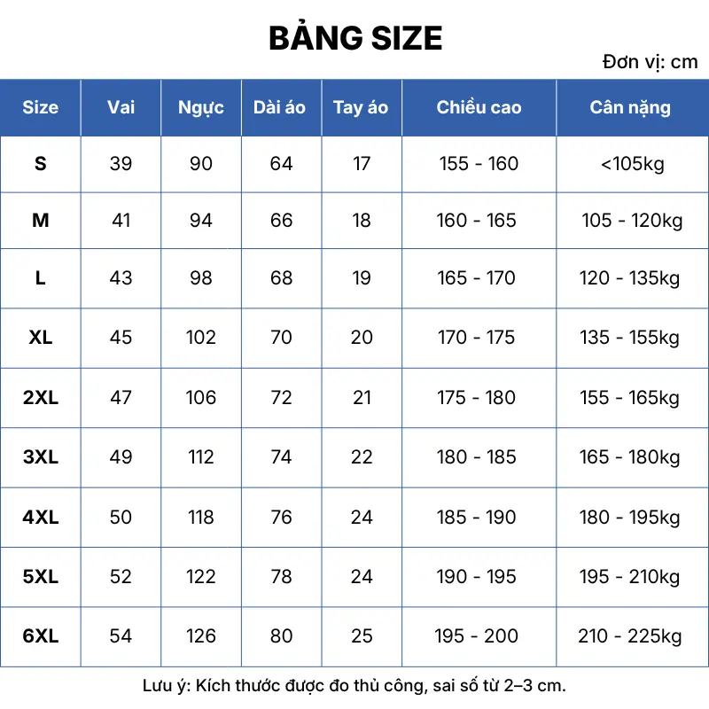 bảng size áo thun đồng phục