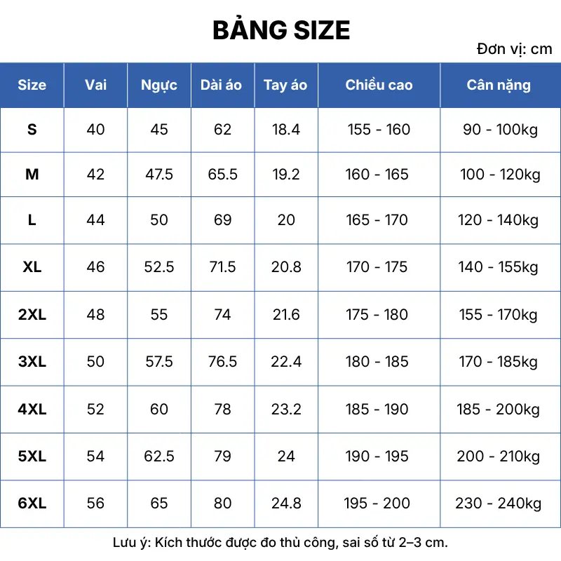 bảng size áo polo đồng phục gb02