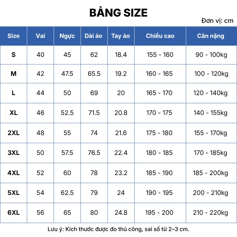 bảng size áo polo đồng phục GB03