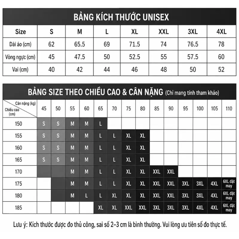 bảng size áo thun đồng phục gb04