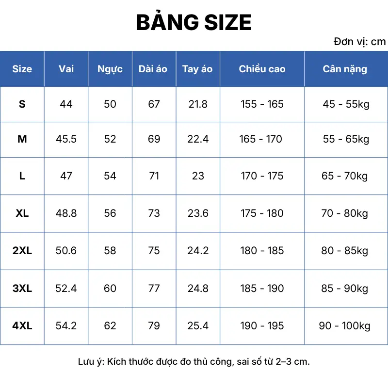 bảng size áo thun đồng phục gb05