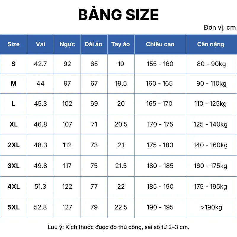 bảng size áo thun đồng phục cổ tròn gb06