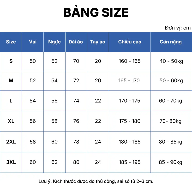 bảng size áo đồng phục cổ tròn gb07