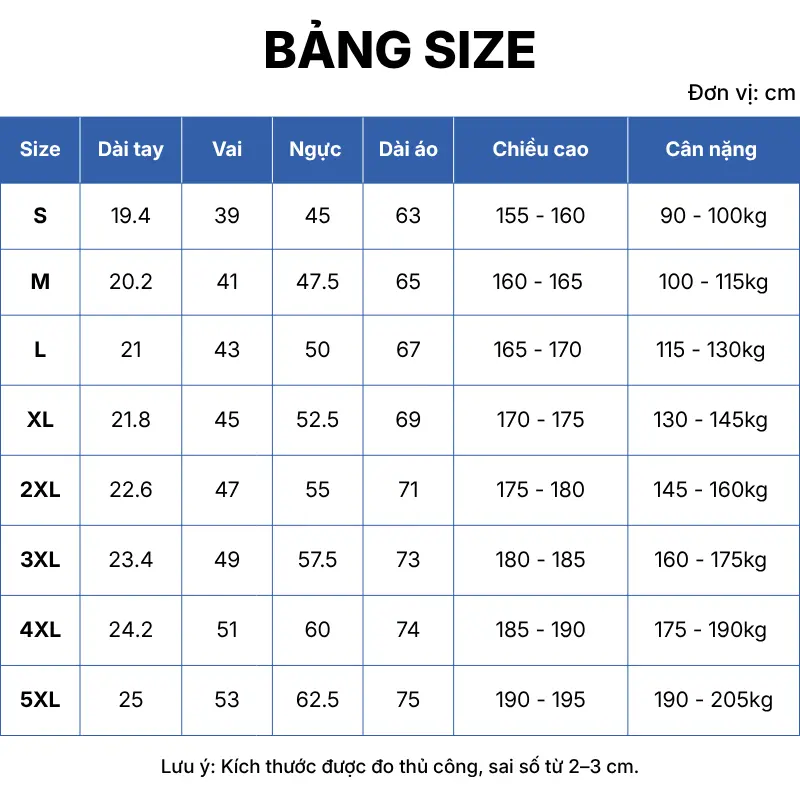 bảng size áo đồng phục gb10