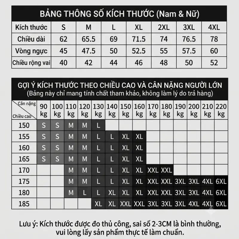 bảng size áo thun gb08