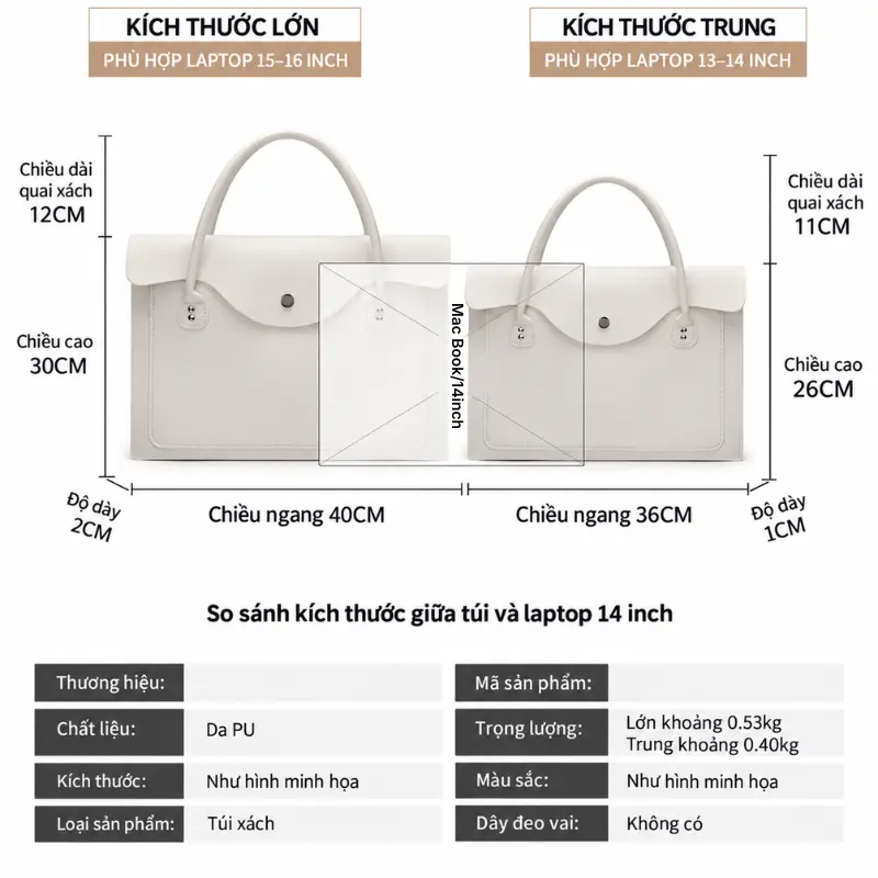 thông số kỹ thuật túi da pu